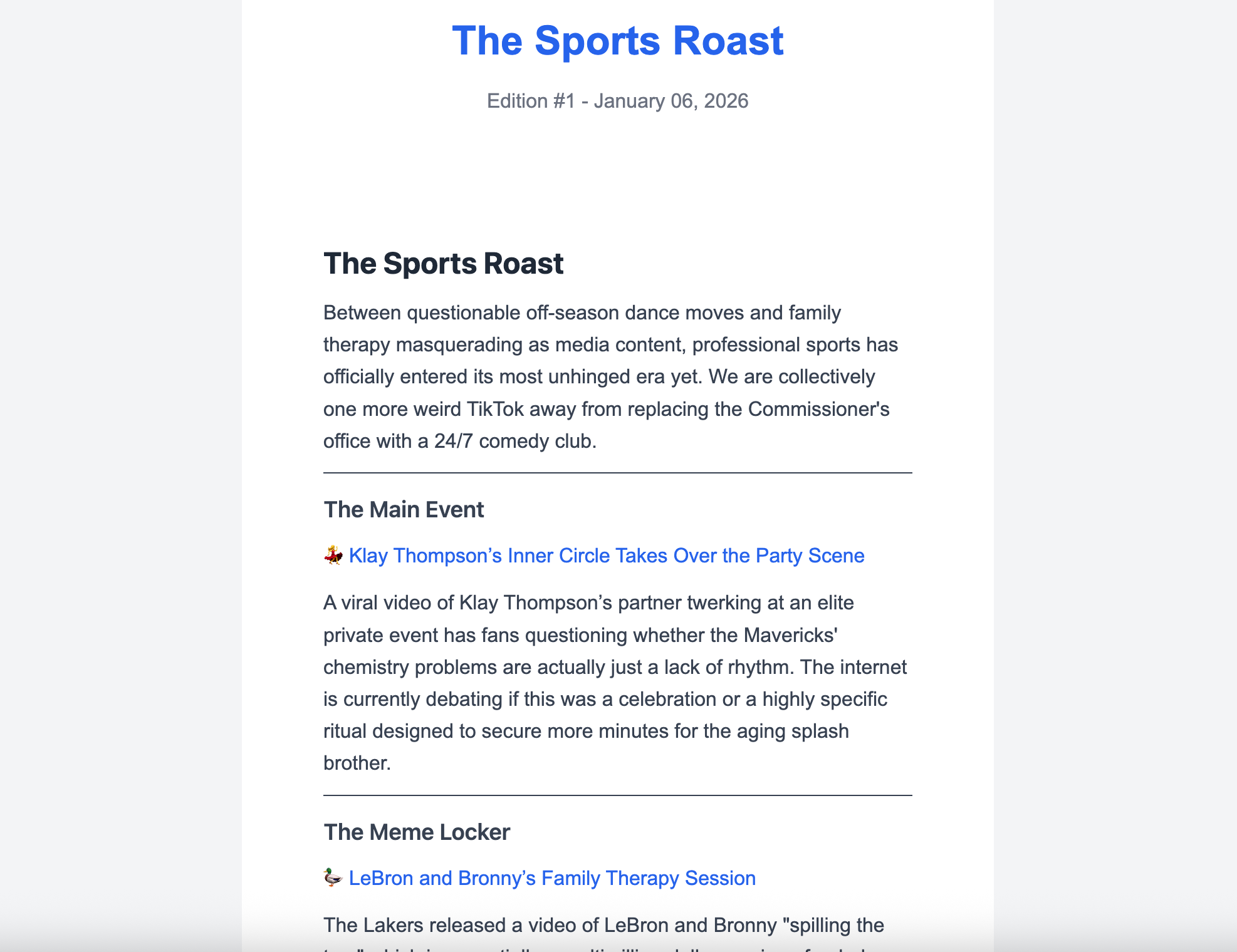The Sports Roast - A real newsletter created with Nalo